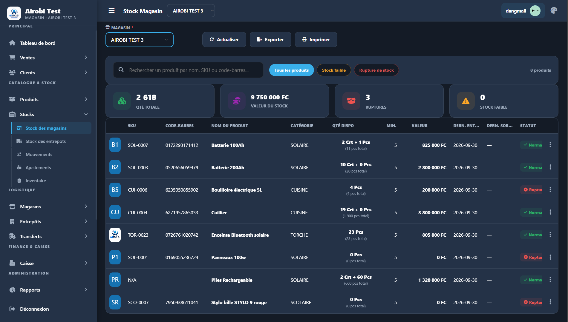 Stock magasin : filtres, indicateurs de stock, valeur, ruptures et tableau des produits